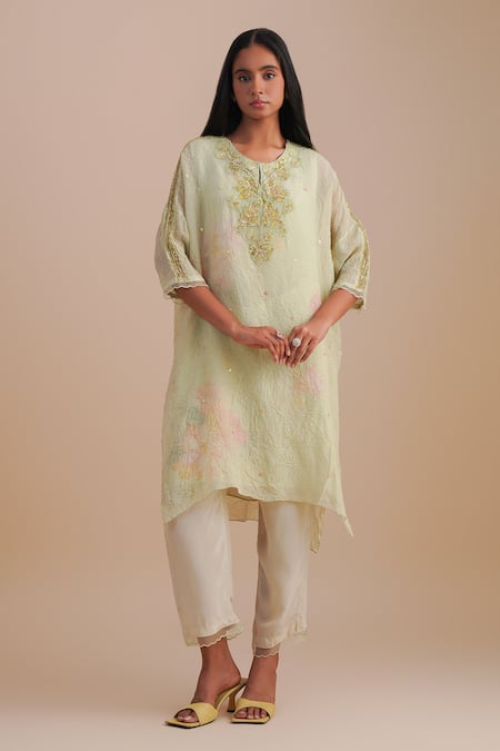 One Not Two Green Viscose, Organza, Crepe Applique, Sequins Keyhole Neck Floral Kurta Set 