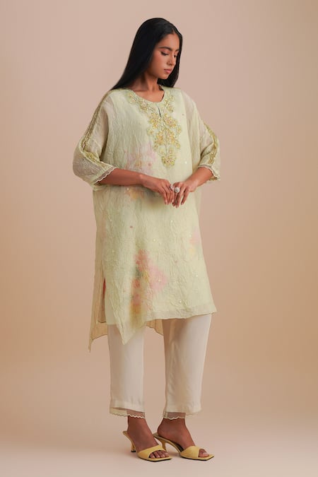One Not Two_Green Viscose, Organza, Crepe Applique, Sequins Keyhole Neck Floral Kurta Set _Online_at_Aza_Fashions