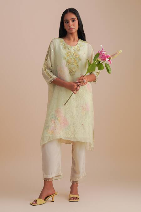 Buy_One Not Two_Green Viscose, Organza, Crepe Applique, Sequins Keyhole Neck Floral Kurta Set _Online_at_Aza_Fashions