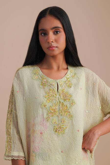 One Not Two_Green Viscose, Organza, Crepe Applique, Sequins Keyhole Neck Floral Kurta Set _at_Aza_Fashions