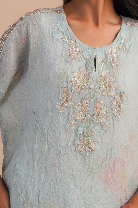 One Not Two_Blue Viscose, Organza, Crepe Embroidery, Beads, Floral Applique Kurta Set _Online_at_Aza_Fashions