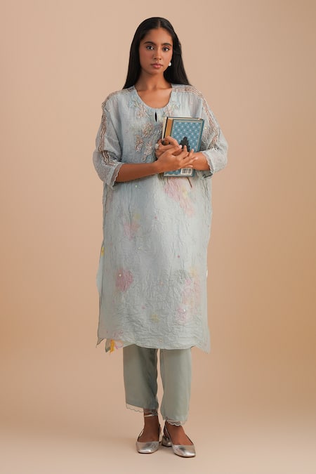 One Not Two Blue Viscose, Organza, Crepe Embroidery, Beads, Floral Applique Kurta Set 