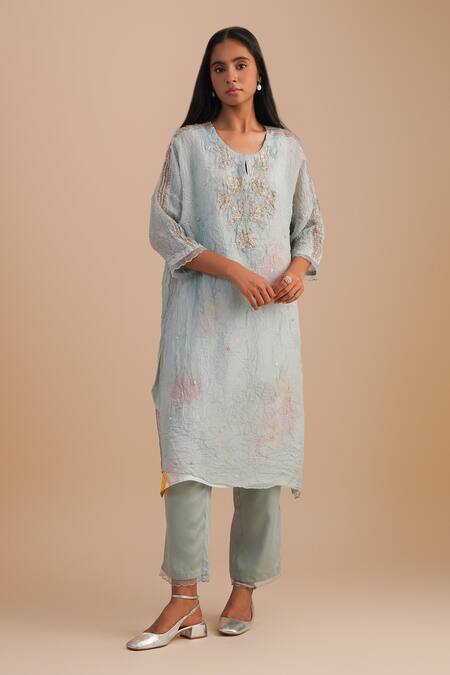 Buy_One Not Two_Blue Viscose, Organza, Crepe Embroidery, Beads, Floral Applique Kurta Set _Online_at_Aza_Fashions