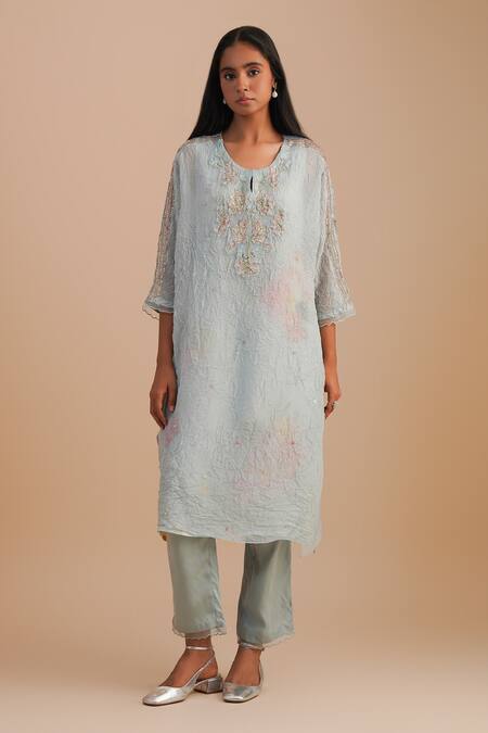 Shop_One Not Two_Blue Viscose, Organza, Crepe Embroidery, Beads, Floral Applique Kurta Set _Online_at_Aza_Fashions