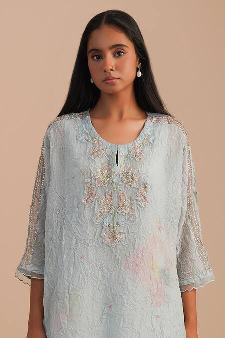 One Not Two_Blue Viscose, Organza, Crepe Embroidery, Beads, Floral Applique Kurta Set _at_Aza_Fashions