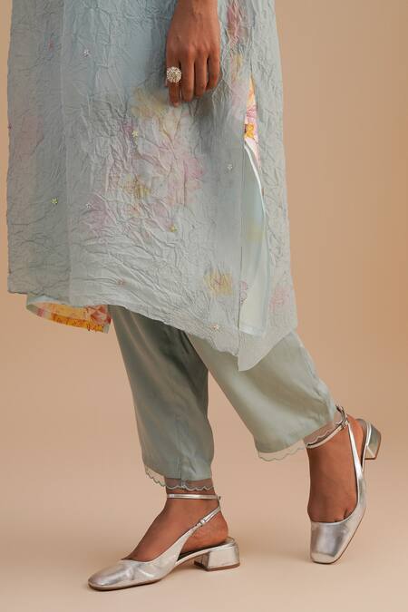 Buy_One Not Two_Blue Viscose, Organza, Crepe Embroidery, Beads, Floral Applique Kurta Set 