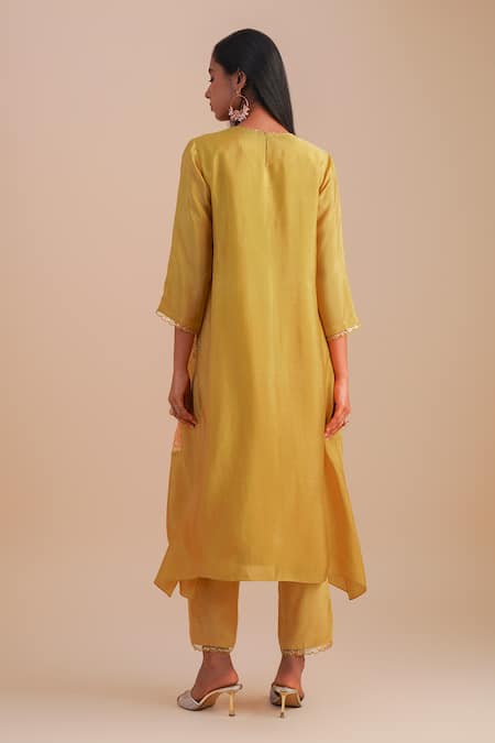 One Not Two Floral Applique Yellow Kurta Set 