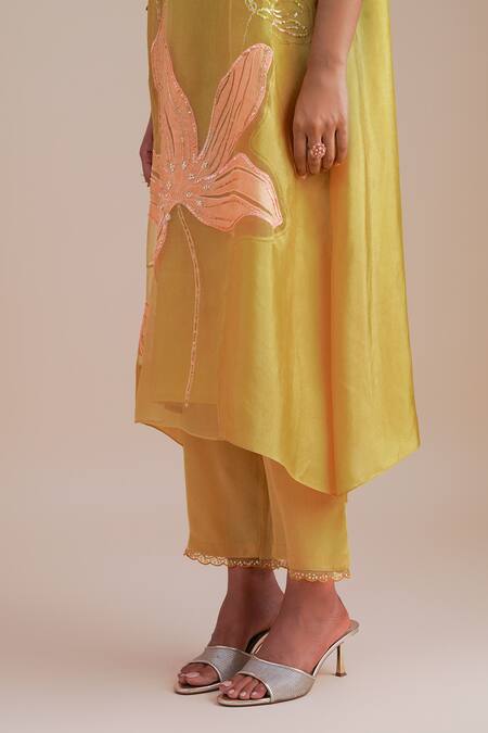 One Not Two_Yellow Silk Organza, Crepe Applique, Sequins, Beads Round Floral Kurta Set _Online_at_Aza_Fashions