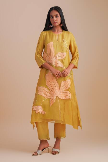 Buy_One Not Two_Yellow Silk Organza, Crepe Applique, Sequins, Beads Round Floral Kurta Set _Online_at_Aza_Fashions