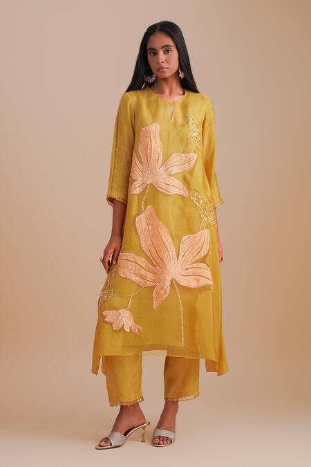 Shop_One Not Two_Yellow Silk Organza, Crepe Applique, Sequins, Beads Round Floral Kurta Set _Online_at_Aza_Fashions