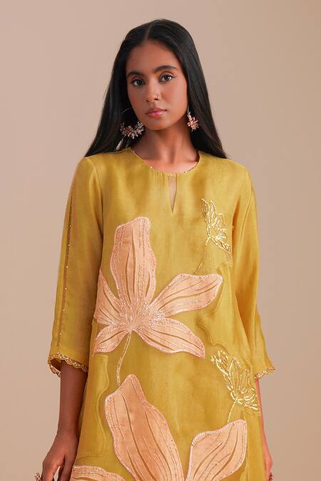 One Not Two_Yellow Silk Organza, Crepe Applique, Sequins, Beads Round Floral Kurta Set _at_Aza_Fashions