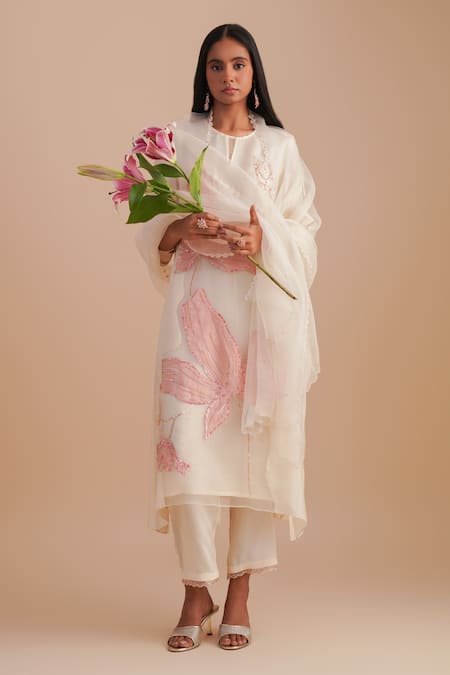One Not Two White Silk Organza, Crepe Applique, Sequins, Beads Keyhole Floral Kurta Set 
