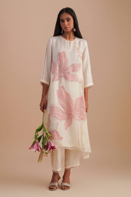 Buy_One Not Two_White Silk Organza, Crepe Applique, Sequins, Beads Keyhole Floral Kurta Set _Online_at_Aza_Fashions