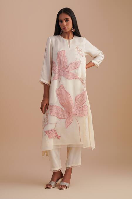 Shop_One Not Two_White Silk Organza, Crepe Applique, Sequins, Beads Keyhole Floral Kurta Set _Online_at_Aza_Fashions