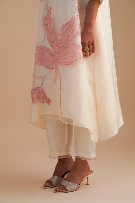 One Not Two_White Silk Organza, Crepe Applique, Sequins, Beads Keyhole Floral Kurta Set _at_Aza_Fashions