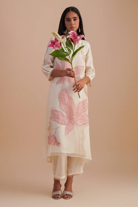 Buy_One Not Two_White Silk Organza, Crepe Applique, Sequins, Beads Keyhole Floral Kurta Set 