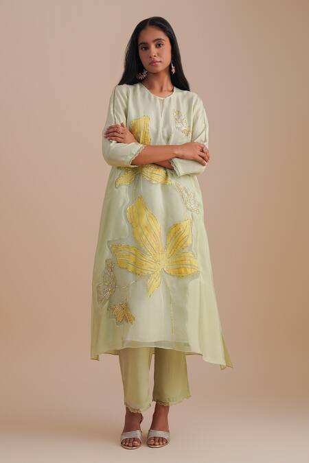 Buy_One Not Two_Green Silk Organza, Crepe Sequins, Beads Keyhole Neck Floral Applique Kurta Set _Online_at_Aza_Fashions