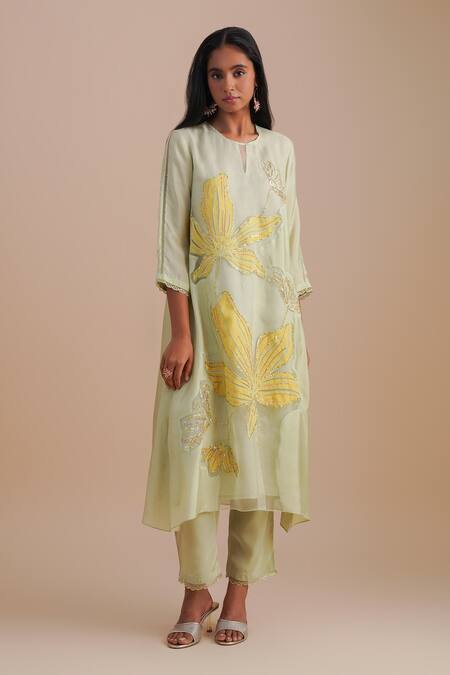 Shop_One Not Two_Green Silk Organza, Crepe Sequins, Beads Keyhole Neck Floral Applique Kurta Set _Online_at_Aza_Fashions