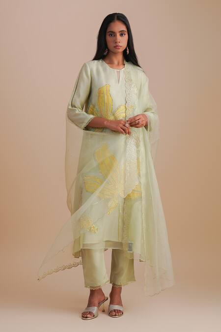 One Not Two_Green Silk Organza, Crepe Sequins, Beads Keyhole Neck Floral Applique Kurta Set _at_Aza_Fashions