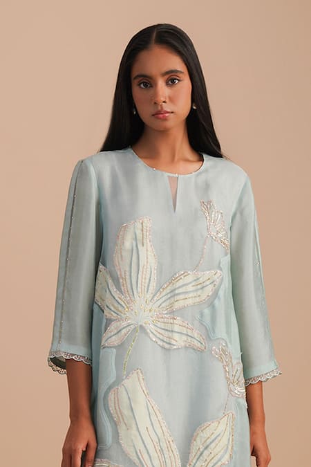 One Not Two_Blue Silk Organza, Crepe Sequins, Beads Keyhole Neck Floral Applique Kurta Set _Online_at_Aza_Fashions