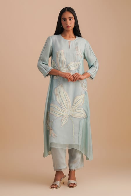 One Not Two Blue Silk Organza, Crepe Sequins, Beads Keyhole Neck Floral Applique Kurta Set 
