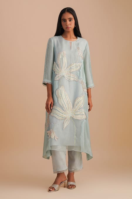 Buy_One Not Two_Blue Silk Organza, Crepe Sequins, Beads Keyhole Neck Floral Applique Kurta Set _Online_at_Aza_Fashions