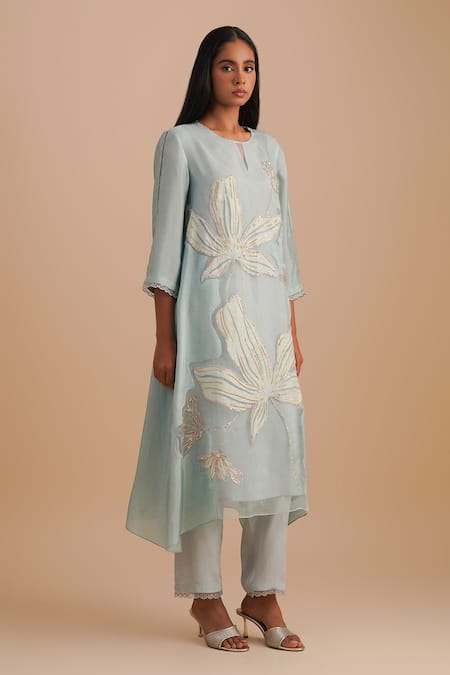 Shop_One Not Two_Blue Silk Organza, Crepe Sequins, Beads Keyhole Neck Floral Applique Kurta Set _Online_at_Aza_Fashions