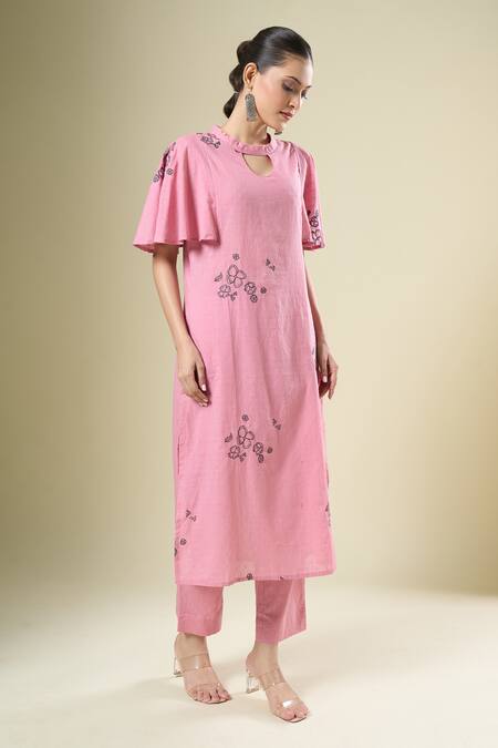 Shop_Samyukta Singhania_Pink Cotton Embroidery Keyhole Neck Floral Print Kurta And Pant Set_Online_at_Aza_Fashions