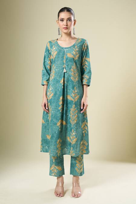 Buy_Samyukta Singhania_Green Cotton Round Neck Printed Kurta And Pant Set_Online_at_Aza_Fashions