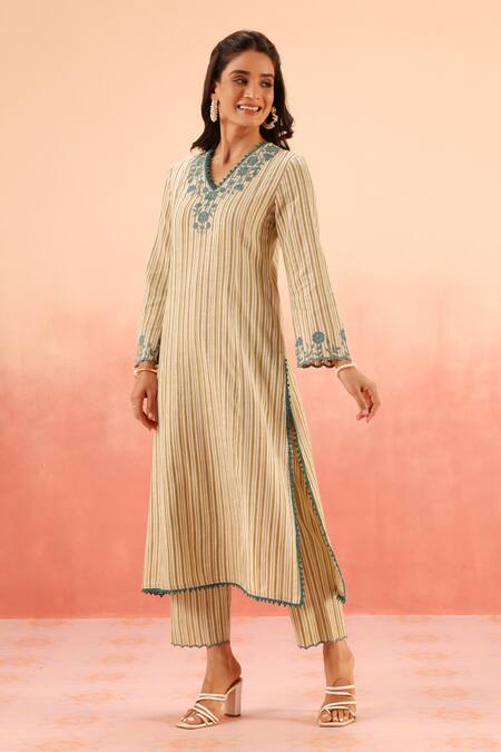 Dohr India_Beige Embroidery V-neck Striped Kurta Pant Dupatta Set _Online_at_Aza_Fashions
