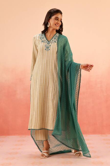 Buy_Dohr India_Beige Embroidery V-neck Striped Kurta Pant Dupatta Set _Online_at_Aza_Fashions