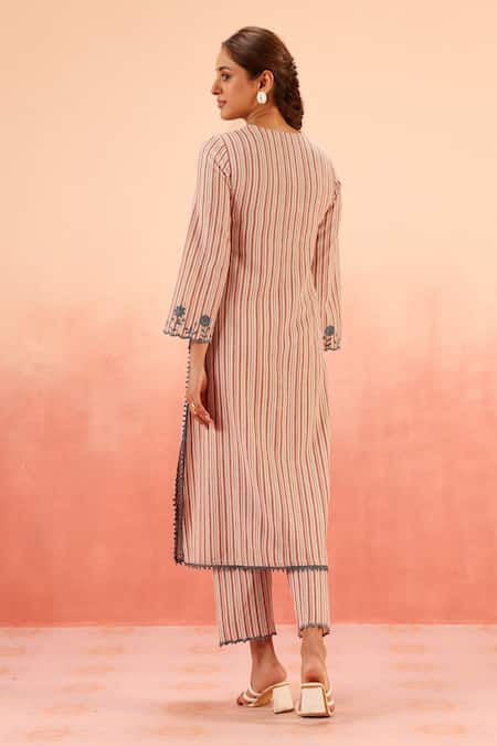 Dohr India Red Striped Kurta Pant Dupatta Set 