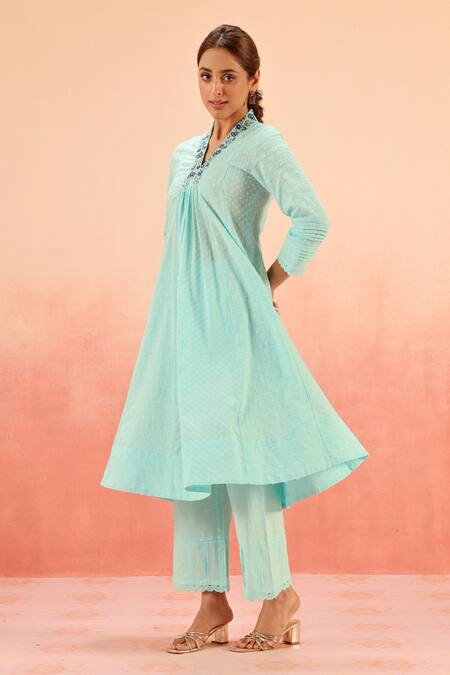 Dohr India Blue Embroidery Split V-neck Designer Kurta Pant Dupatta Set Online at Aza Fashions Dohr India_Blue Embroidery Split V-neck Designer Kurta Pant Dupatta Set _Online_at_Aza_Fashions