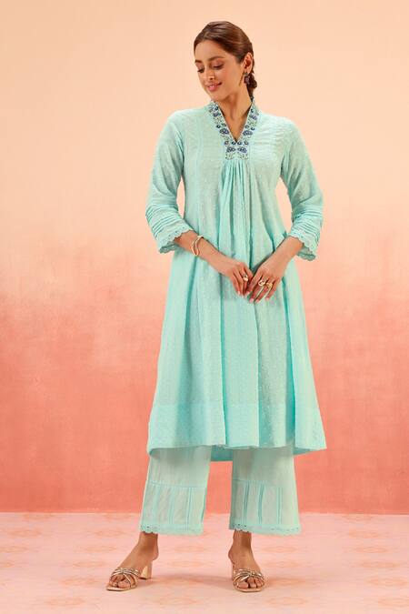 Dohr India Blue Embroidery Split V-neck Designer Kurta Pant Dupatta Set at Aza Fashions Dohr India_Blue Embroidery Split V-neck Designer Kurta Pant Dupatta Set _at_Aza_Fashions