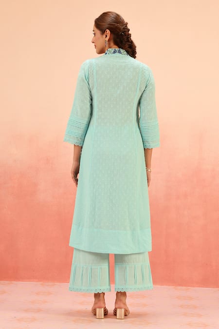 Shop Dohr India Blue Embroidery Split V-neck Designer Kurta Pant Dupatta Set at Aza Fashions Shop_Dohr India_Blue Embroidery Split V-neck Designer Kurta Pant Dupatta Set _at_Aza_Fashions