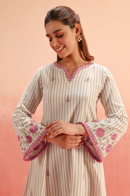 Shop Dohr India Beige Embroidery, Sequins V-neck Striped Kurta Pant Dupatta Set Online at Aza Fashions Shop_Dohr India_Beige Embroidery, Sequins V-neck Striped Kurta Pant Dupatta Set _Online_at_Aza_Fashions