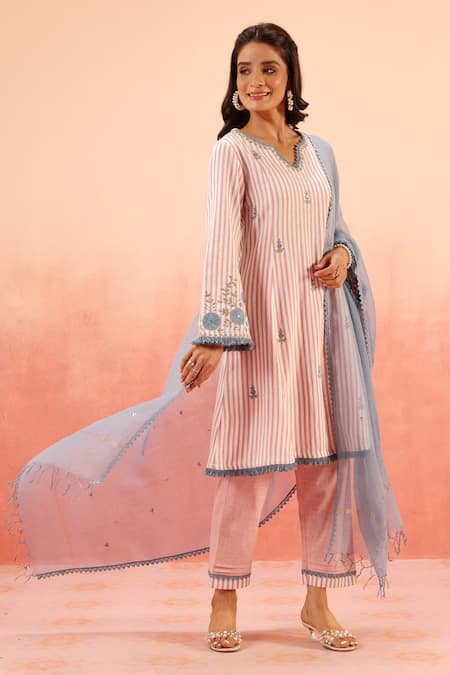 Dohr India Pink Cotton, Jacquard Embroidery, Sequins V-neck Striped Kurta Pant Dupatta Set 