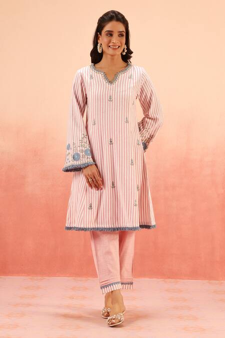 Dohr India_Pink Embroidery, Sequins V-neck Striped Kurta Pant Dupatta Set _Online_at_Aza_Fashions
