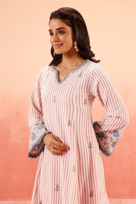Buy_Dohr India_Pink Embroidery, Sequins V-neck Striped Kurta Pant Dupatta Set _Online_at_Aza_Fashions