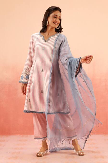 Shop_Dohr India_Pink Embroidery, Sequins V-neck Striped Kurta Pant Dupatta Set _Online_at_Aza_Fashions