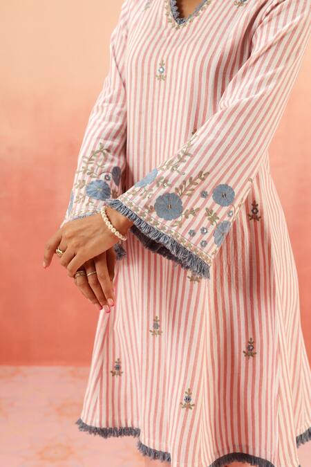 Dohr India_Pink Embroidery, Sequins V-neck Striped Kurta Pant Dupatta Set _at_Aza_Fashions