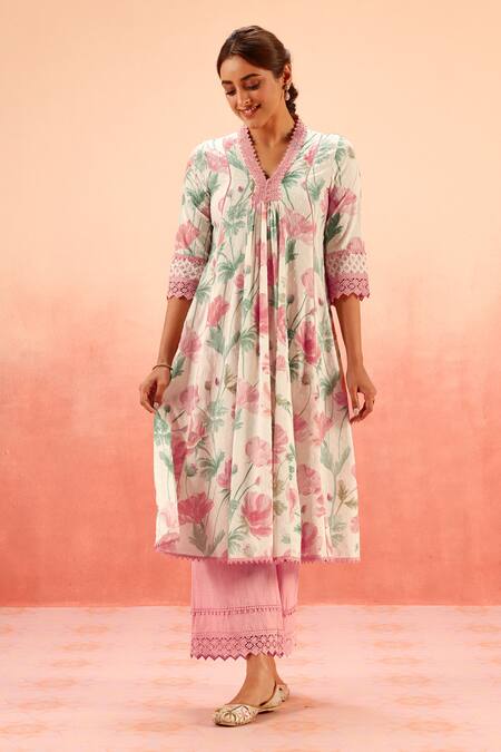 Dohr India Multi Color Lace, Embroidery Split V-neck Floral Print Kurta Pant Dupatta Set Online at Aza Fashions Dohr India_Multi Color Lace, Embroidery Split V-neck Floral Print Kurta Pant Dupatta Set _Online_at_Aza_Fashions