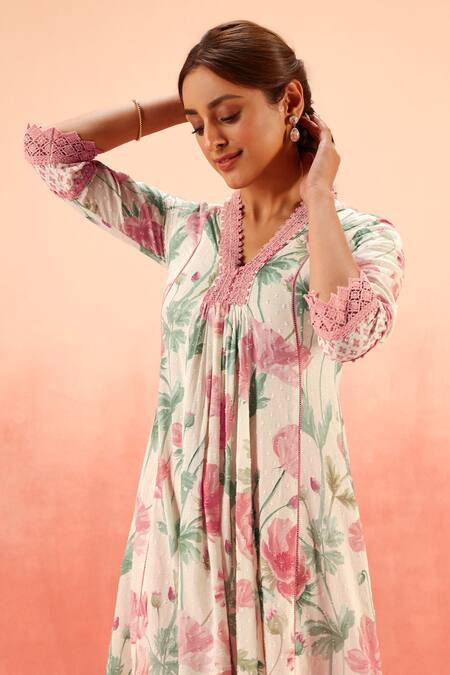 Shop Dohr India Multi Color Lace, Embroidery Split V-neck Floral Print Kurta Pant Dupatta Set Online at Aza Fashions Shop_Dohr India_Multi Color Lace, Embroidery Split V-neck Floral Print Kurta Pant Dupatta Set _Online_at_Aza_Fashions