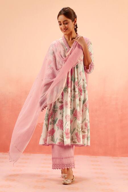 Dohr India Multi Color Cotton, Kota Doria Lace, Floral Print Kurta Pant Dupatta Set 