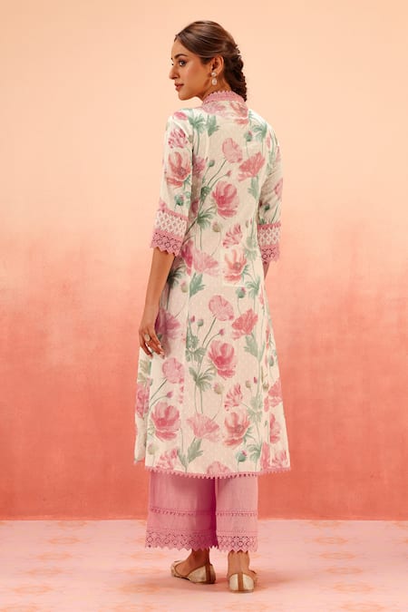 Shop Dohr India Multi Color Lace, Embroidery Split V-neck Floral Print Kurta Pant Dupatta Set at Aza Fashions Shop_Dohr India_Multi Color Lace, Embroidery Split V-neck Floral Print Kurta Pant Dupatta Set _at_Aza_Fashions