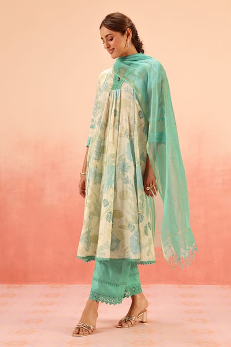 Dohr India Green Cotton, Kota Doria Lace V-neck Floral Print Kurta Set 
