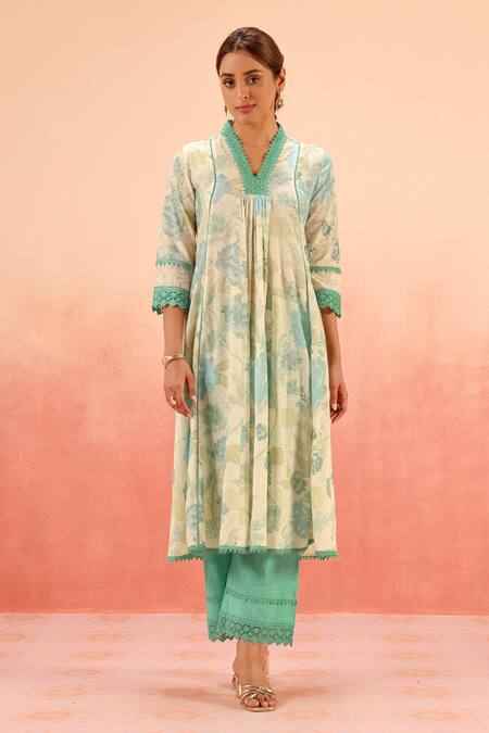 Buy Dohr India Green Lace V-neck Floral Print Kurta Set Online at Aza Fashions Buy_Dohr India_Green Lace V-neck Floral Print Kurta Set _Online_at_Aza_Fashions
