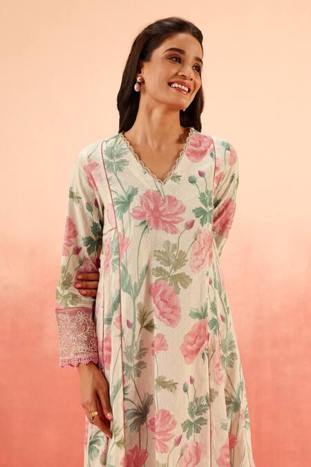 Dohr India Multi Color Embroidery, Lace V-neck Floral Kurta Pant Dupatta Set Online at Aza Fashions Dohr India_Multi Color Embroidery, Lace V-neck Floral Kurta Pant Dupatta Set _Online_at_Aza_Fashions