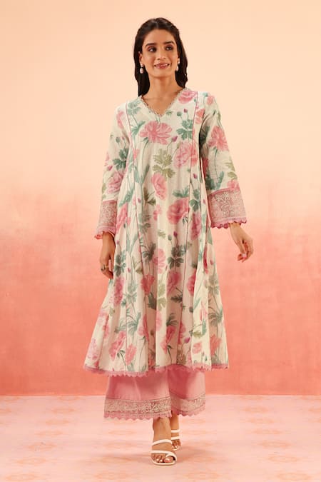 Buy Dohr India Multi Color Embroidery, Lace V-neck Floral Kurta Pant Dupatta Set Online at Aza Fashions Buy_Dohr India_Multi Color Embroidery, Lace V-neck Floral Kurta Pant Dupatta Set _Online_at_Aza_Fashions