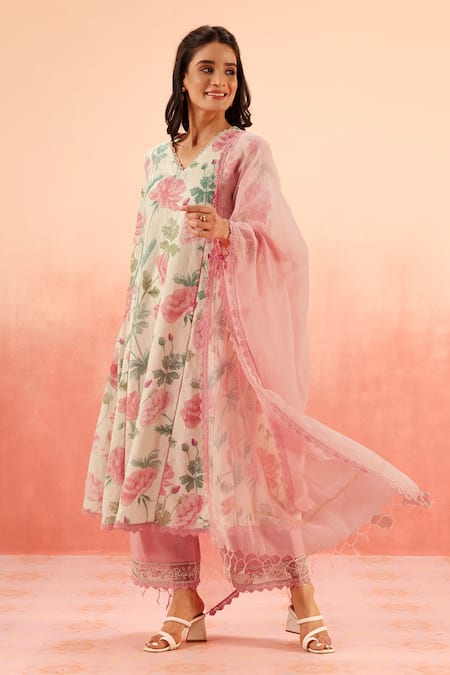 Shop Dohr India Multi Color Embroidery, Lace V-neck Floral Kurta Pant Dupatta Set Online at Aza Fashions Shop_Dohr India_Multi Color Embroidery, Lace V-neck Floral Kurta Pant Dupatta Set _Online_at_Aza_Fashions
